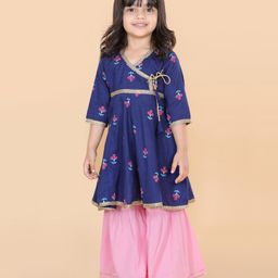 Adiva Three Fourth Sleeves Floral Motif Print Angrakha Kurti With Sharara - Blue-image-80
