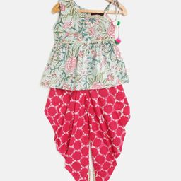 Pspeaches Sleeveless All Over Floral Jaal Print Kurta & Wax Resist Style Dhoti Gota Patti Lace Embellished Set - Green & PInk-image-3