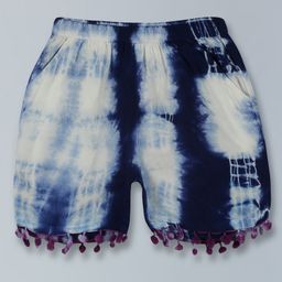 Kiddopanti Shibori Tie & Dye Pom Pom Lace Hem Embellished Shorts - Navy Blue-image-57