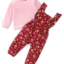 Babyhug 100% Cotton Knit Single Jersey Floral Print Dungaree with Full Sleeves Inner Tee  - Pink & Maroon-image-80