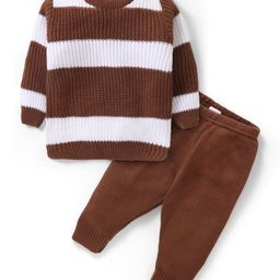 Babyhug Knit Full Sleeves Striped Sweater & Pant Set - Brown & White-image-35