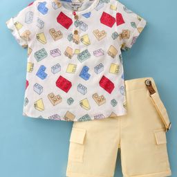 ToffyHouse Cotton Half Sleeves T-Shirt & Shorts Set With Building Blocks Print & Suspender - Lemon-picture-43