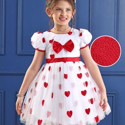 Mark & Mia Woven Puffed Sleeves Party Frock with Bow Applique & Hearts Embroidery - White-image-9