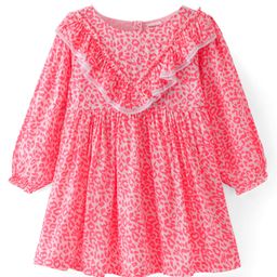 Babyhug Full Sleeves Printed Frock with Frill Detailing- Pink-image-7