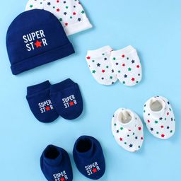 Doodle Poodle Interlock Knit Cap Mittens & Booties with Text & Star Print Pack of 2 Navy Blue & White - Diameter 11 cm-image-69