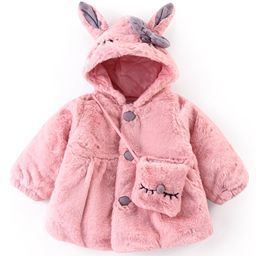 Babyhug Fur Woven Full Sleeves Hooded Winter Jacket with Ears Applique & Sling Bag - Pink-image-30
