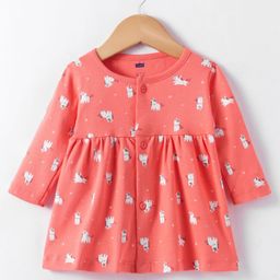 Simply Interlock Full Sleeves Front Open Frock with Horse Print - Coral-image-16