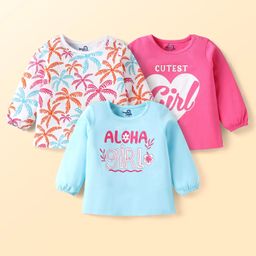 Doodle Poodle 100% Cotton Full Sleeves Tops with Tropical Theme & Text Print Pack of 3 - Pink & Light Blue-image-39