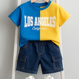 Babyhug Single Jersey Knit Half Sleeves Cut & Sew T-Shirt & Denim Shorts Set with Text Print - Blue & Yellow-image-69