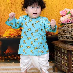 BownBee Pure Cotton Full Sleeves Birds Printed Kurta & Dhoti Set - Blue-image-95