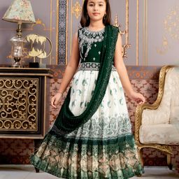 Aarika Georgette Sleeveless Mirror Embroidered & Paisley Printed Lehenga Choli With Dupatta Set - Dark Green & Cream-image-16