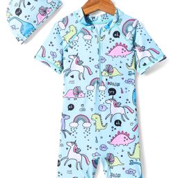 KIDLINGSS Half Raglan Sleeves Unicorns Printed Legged Swimsuit With Cap - Blue-19