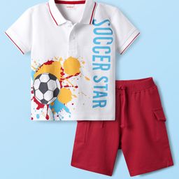 Babyhug 100% Cotton Half Sleeves Soccer Theme Printed T-Shirt With Collar & Shorts Set - Red & White-image-92