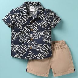 Simply Premium Poplin Half Sleeves Shirt & Short Set with Pineapple Print - Navy Blue & Tan-image-44
