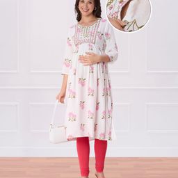 Bella Mama Woven Three Fourth Sleeves Highlighted Yoke Maternity Kurta With Floral Print - Off White-image-102