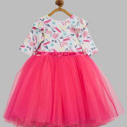 Toy Balloon Kids Net Three Fourth Sleeves Rainbow & Typography Printed Dress - Fuchsia Pink-image-1