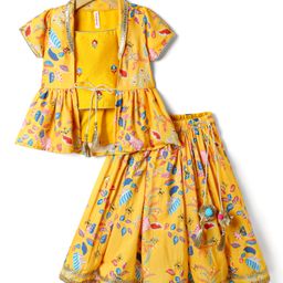 Babyhug Woven Embroidered Blouse with Lehenga and Half Sleeves Jacket Set with Floral Print - Yellow-image-22