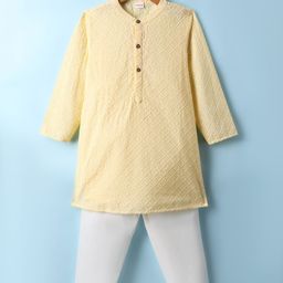Babyhug Cotton Woven Full Sleeves Kurta Pyjama Set with Embroidery - Yellow & White-image-83