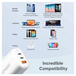XTOUCH XT-Xtreme GaN 95Watt Fast Charger Type-C to Type-C Cable, Foldable Plug Design 3 Port Charger Compatible with All Device and MacBook and Laptop - White image 3