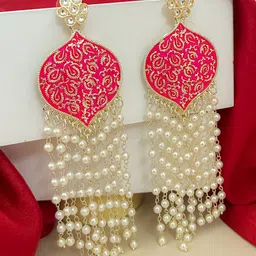 Zeviel Gold-Plated Artificial Stones Studded & Beaded Tasselled Floral Drop Earrings-picture-43