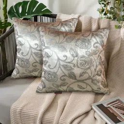 Tesmare Off White & Grey Set of 2 Floral Velvet Square Cushion Covers-6