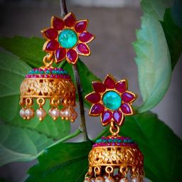 Anouk Gold-Plated Contemporary Artificial Stones Studded And Beaded Dome Shaped Jhumkas-10