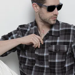 The Indian Garage Co Men Grey & Black Tartan Checks Casual Shirt-image-81