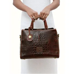 Hidesign Women Leather Textured Brown Satchel Bag with Detachable Strap with Pouch (M)-picture-30
