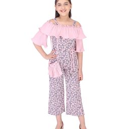 Cutecumber Three Fourth Sleeves Pleated All Over Floral Print Jumpsuit With Sling Bag - Pink-image-71