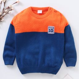 Babyhug Full Sleeves Knit Striped Pullover Text Patch - Navy Blue Orange-image-12