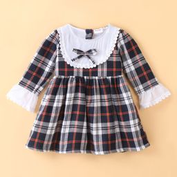 Kookie Kids Full Sleeves Yarn Dyed Checks Winter Frocks with Peter Pan Collar & Bow Detailing - Multicolour-image-22