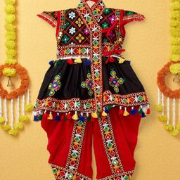 Banjara India Navratri Theme Cap Sleeves Banjara Embroidered Kediya With Coordinating Dhoti Set - Black & Red-image-89