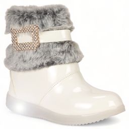 Lil Lollipop Stone Detailed Fur Embellished Zipper Party Boots With Light & Glossy Finish - White-image-91