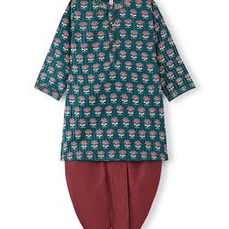 Babyhug 100% Cotton Woven Full Sleeves Kurta & Dhoti Set With Ikat Print - Green & Maroon-image-76