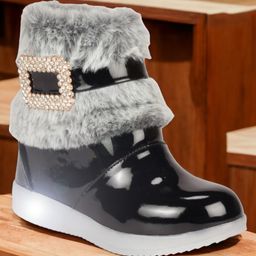Lil Lollipop Glossy Finished Fur Detailed Boots With LED Light - Black-image-72