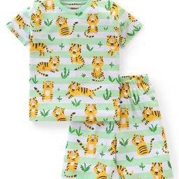 Babyhug Cotton Knit Half Sleeves Tiger Printed Night Suit - Green-image-9