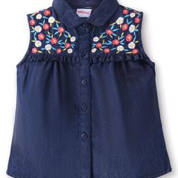 Babyhug Cotton Woven A-Line Sleeveless Shirt Styled Top With Floral Embroidery - Navy-image-92