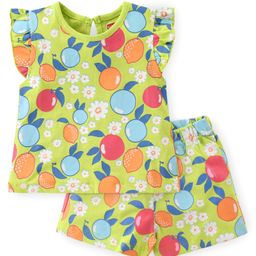 Babyhug Cotton Knit Flutter Sleeves Night Suit With Fruits Print - Multicolor-image-17