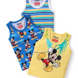 Babyhug Disney Cotton Sleeveless Vests With Mickey Mouse Print Pack of 3 - Multicolor-image-0