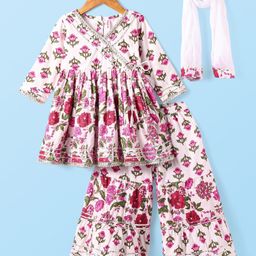 Babyhug Cotton Cambric Woven Three FourthSleeves Floral Printed Kurti Gharara Set with Dupatta & Embroidery Detailing - Off White-image-46