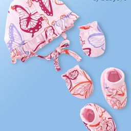 Babyoye 100% Cotton Knit Cap Mittens & Booties Butterfly Print-Pink & Marshmallow-26