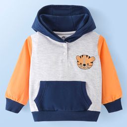 Doodle Poodle 100% Cotton Looper Knit Full Sleeves Hooded Sweatjacket With Tiger Embroidery Detailing & Kangaroo Pockets - Orange & Navy Blue-picture-21