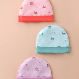 Simply Interlock Baby Caps Unisex Combo Love Mom Dad Print Pack of 3 Baby Pink Aqua & Lilac - Diameter 10.5 cm-picture-23