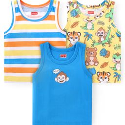 Babyhug 100% Cotton Sleeveless Antibacterial Sandos Striped & Cub Print Pack of 3 - Yellow White & Blue-image-40