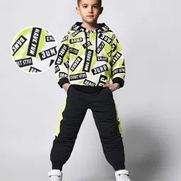 Ollington St. 100% Cotton Knit Full Sleeves Hooded Sweatshirt & Joggers Set With Text Print - Green & Black-picture-46