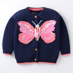 ToffyHouse Knitted Full Sleeves Cardigan with Butterfly Design & Sequin Detailing - Navy Blue-picture-12