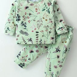 Ollypop Cotton Elastane Full Sleeves T-Shirt & Lounge Pants Co-Ord Set With Floral Print - Light Green-image-99