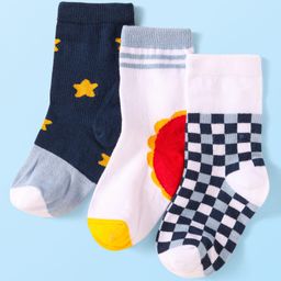 Cute Walk By Babyhug Cotton Knit Anti-Bacterial Ankle Length Socks With Star Sun & Checks Design Pack Of 3 - White Grey & Navy Blue-picture-11