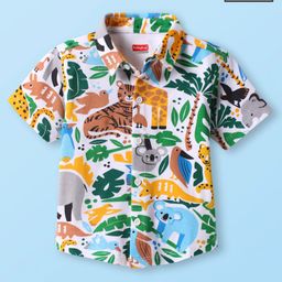 Babyhug Half Sleeves Cotton Knit Half Sleeves Animal Printed Shirt- White Green & Yellow-image-69
