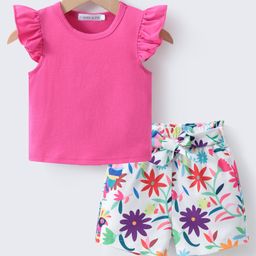 Mark & Mia Frill Sleeves Top & Floral Printed Shorts Set - Fuchsia-image-39